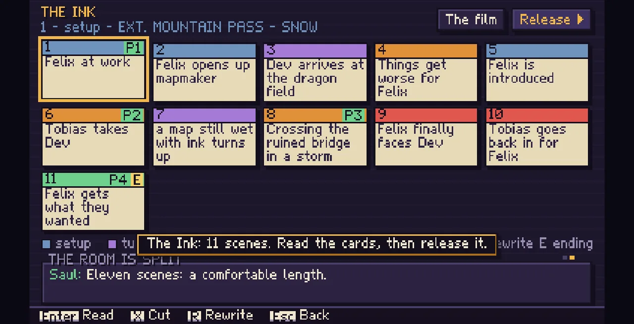 The board: eleven colour-coded scene cards from setup to resolution, with the writers' room split below.