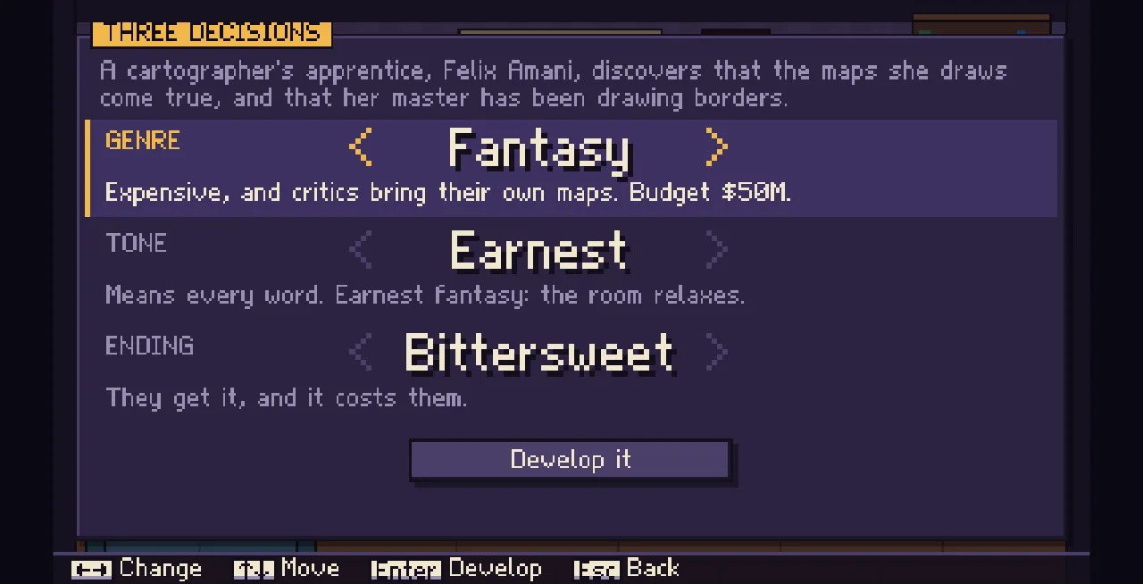 Three decisions screen: genre Fantasy, tone Earnest, ending Bittersweet.