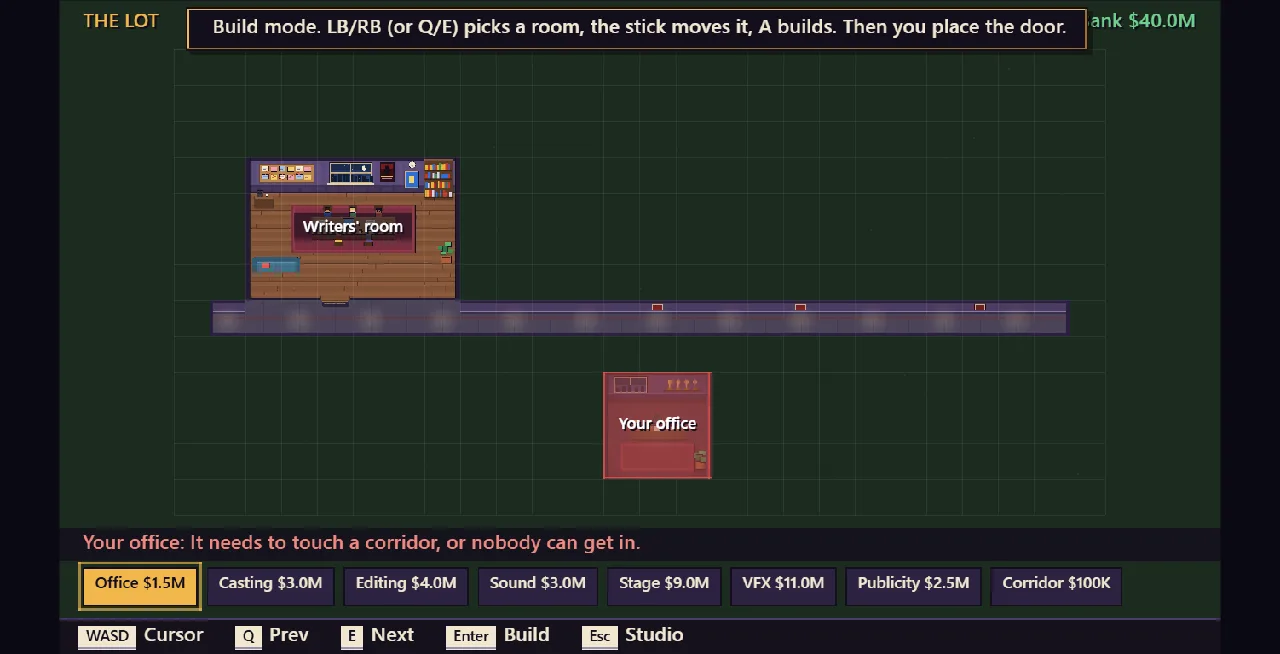 Build mode: the studio lot from above with rooms and a corridor.