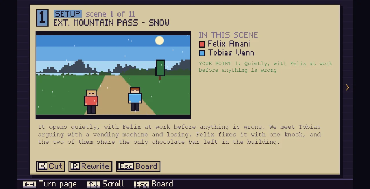 A scene page: Setup, scene 1 of 11, a mountain pass in snow with two characters and the scene text.