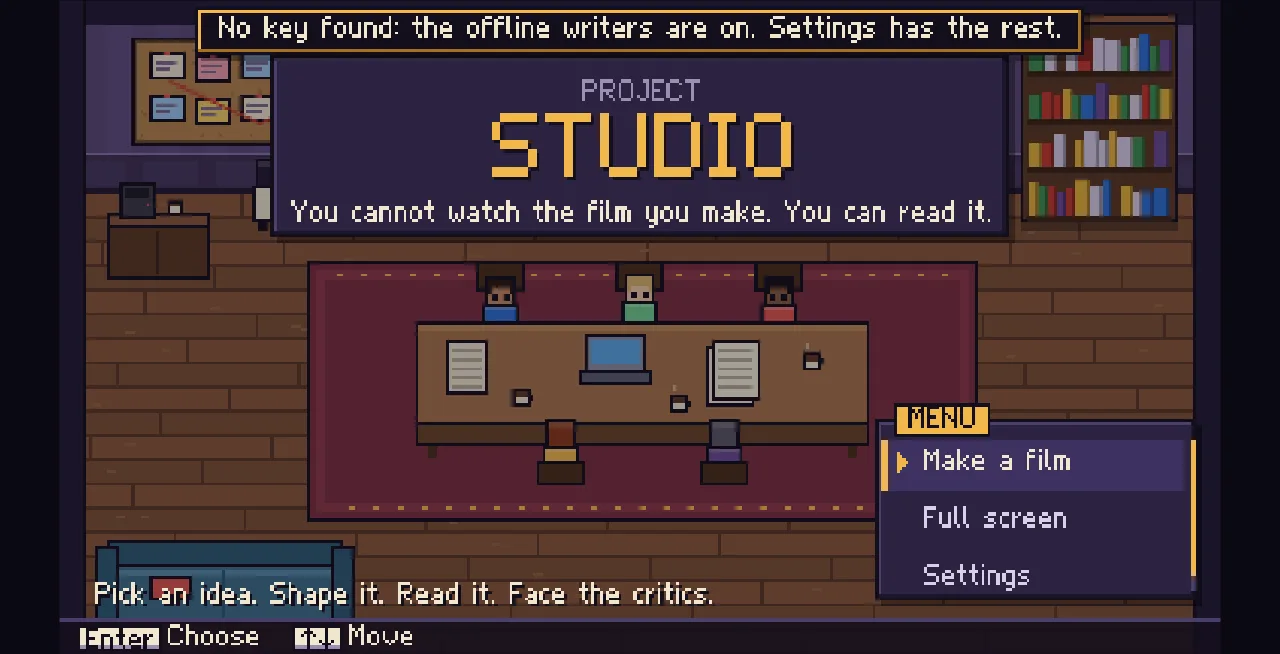 Project Studio title screen: a pixel-art writers' room with the menu Make a film, Full screen, Settings.