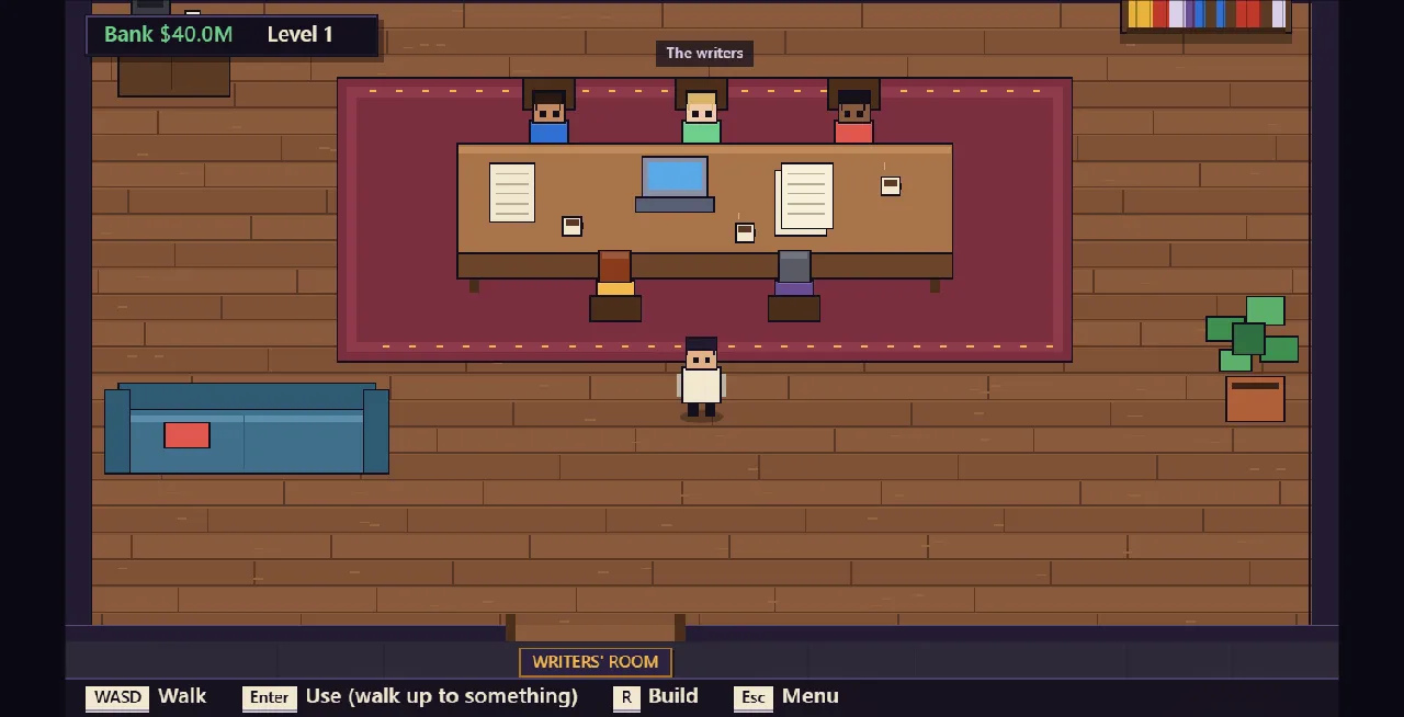 Walking through the writers' room in Scene Seven, top-down pixel art.